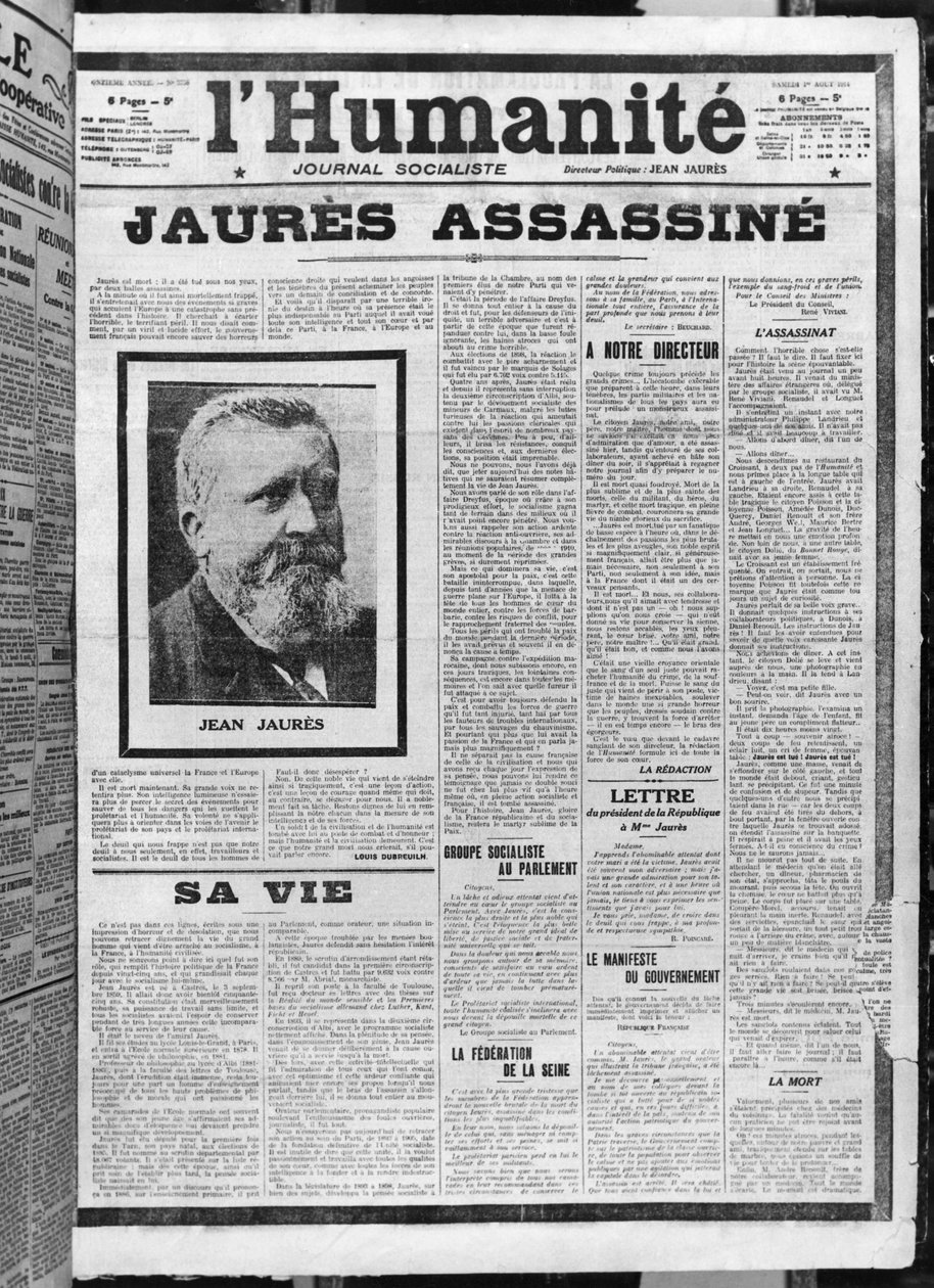Jaures暗杀，来自LHumanite，1914年8月1日（photolitho） 作者 法语学校