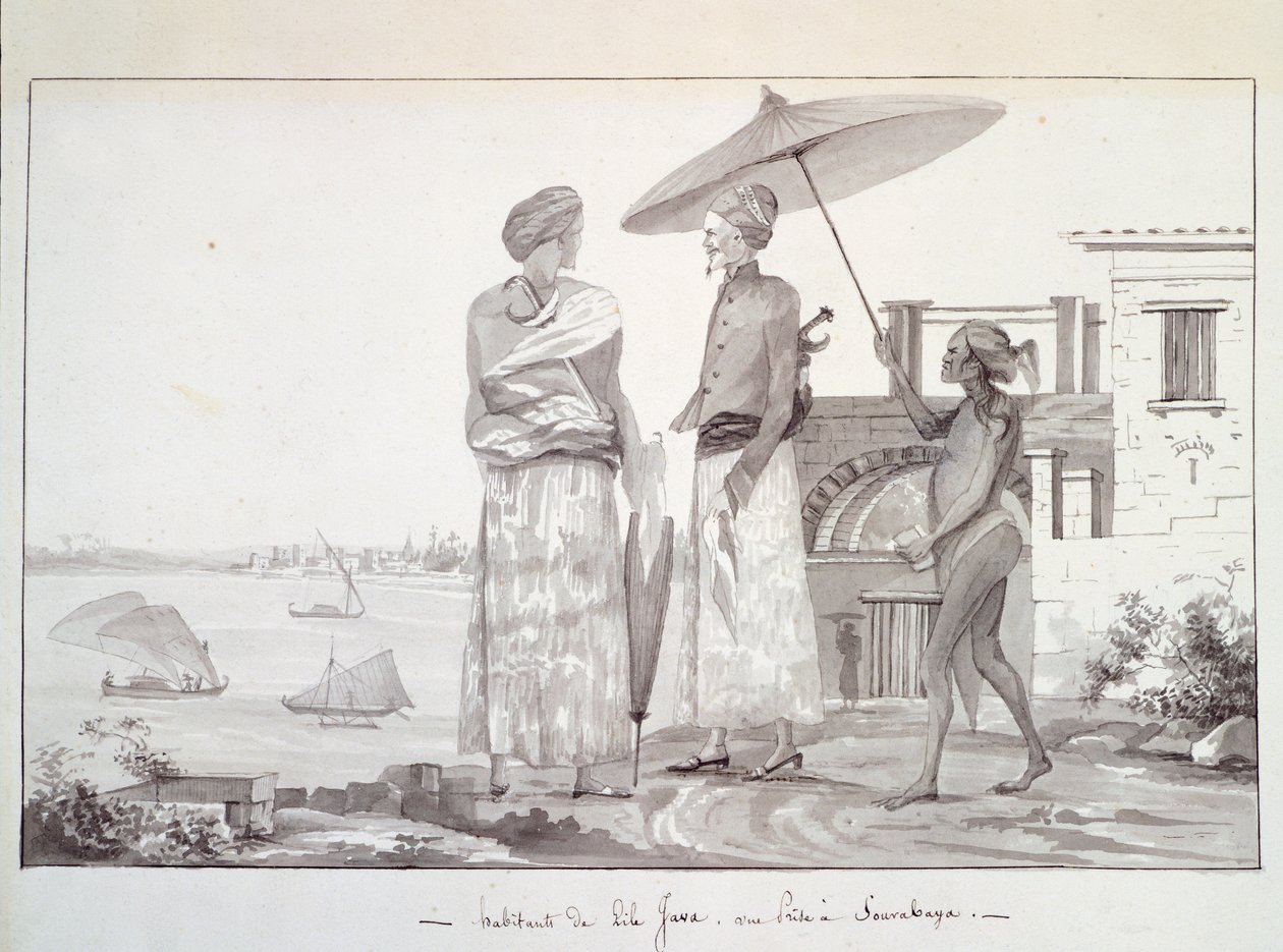 爪哇岛居民在前往泗水的路上，插图来自Louis Isidore Duperrey的环球航行，由L F Lejeune绘制。 作者 法语学校