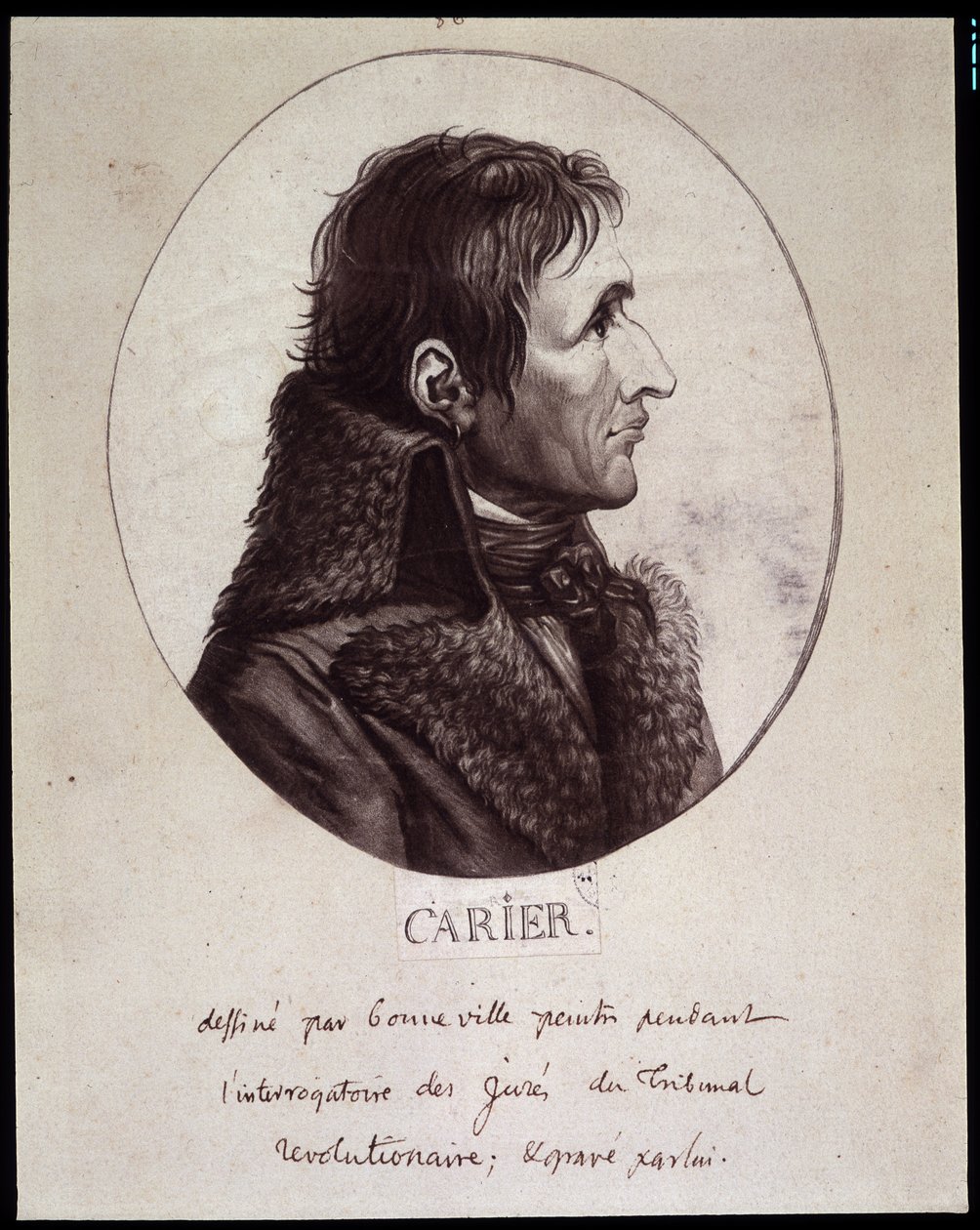 Jean Baptiste Carrier (1756-1794)，由 Gouneville 在审讯革命法院的 Projures 期间绘制 作者 法语学校