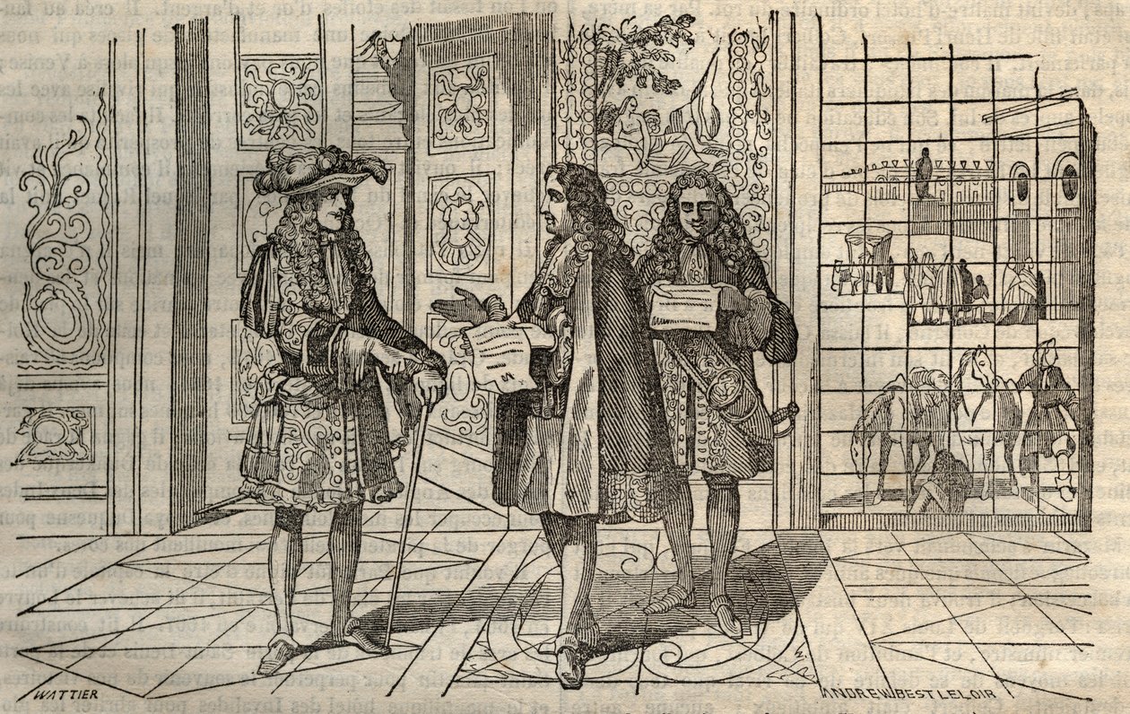 让-巴蒂斯特-科尔贝尔（Jean-Baptiste）（1619-1683）在凡尔赛与国王路易十四和弗朗索瓦-卢瓦（1641-1691）会面时的情景--在勒克莱尔之后的刻版 作者 法语学校