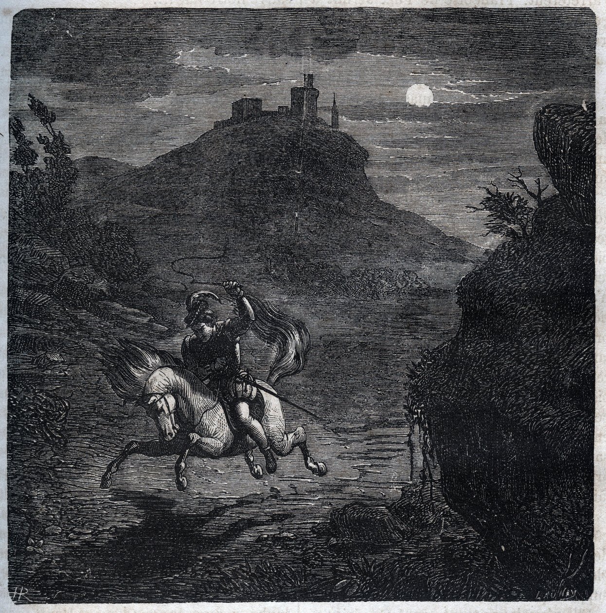 让-德-拉瓦尔（Laval-Chateaubriant）伯爵（1486-1543）在谋杀了他的妻子弗朗索瓦丝-德-福瓦（Francoise de Foix）伯爵夫人（约1495-1537）后逃到了英国。亨利-德-科克（Henry de Kock）于1871年在 "Histoire Des Cocus Celebres "中的版画（1819年）。 作者 法语学校