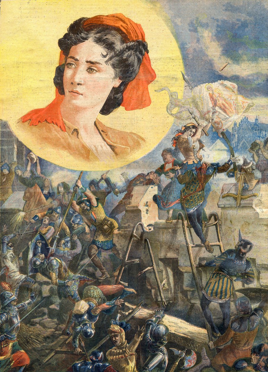贞德-莱恩(1456-?)，又名贞德-福凯，绰号贞德-哈谢特，法国女英雄--1472年博韦围城时的贞德-哈谢特--1894年1月8日《小报》的插图。 作者 法语学校