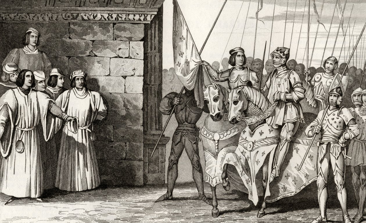 圣女贞德（1412-31）于1429年抵达Rheims，参加由Colart撰写的“Histoire de France”的查理七世（1403-61）加冕典礼，出版于1840年 作者 法语学校