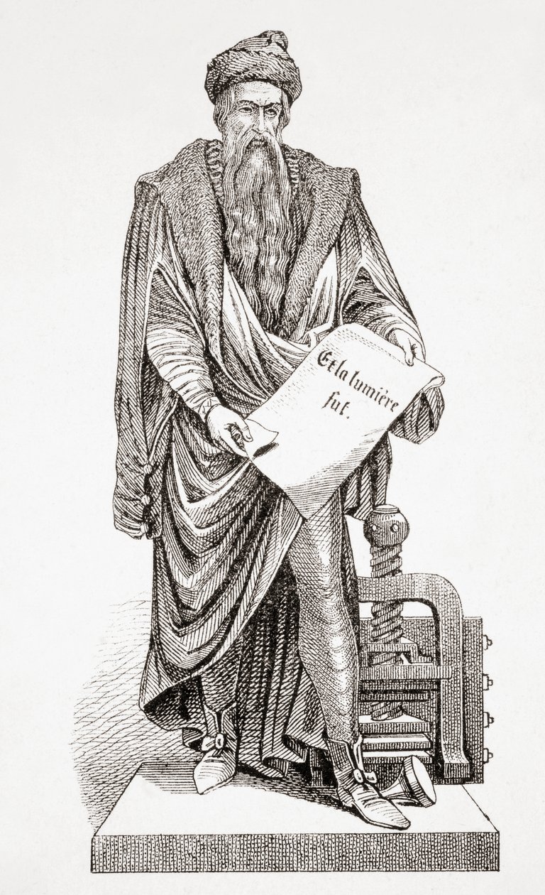 约翰内斯·古腾堡 (Johannes Gutenberg)，出自古代和现代世界史，1860 年在斯特拉斯堡出版（版画） 作者 法语学校