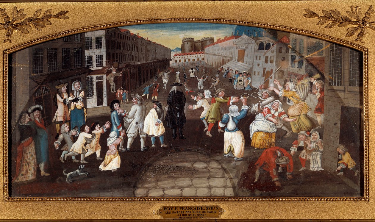 Jokes from the streets of Paris: The Rue Saint-Antoine. - “” Les farces des rues de Paris: la rue du faubourg Saint Antoine a Paris”” Passers-by, adults and children, entertaining and fighting. In the background we see the Bastille prison. Painting (for de 作者 法语学校