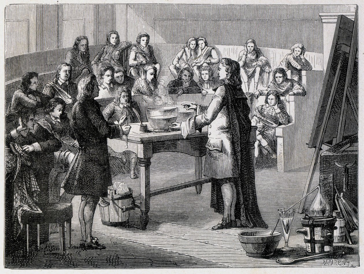 约瑟夫-布莱克（1728 - 1799），英国化学家和物理学家，在格拉斯哥大学的学生面前体验潜伏的热量 作者 法语学校