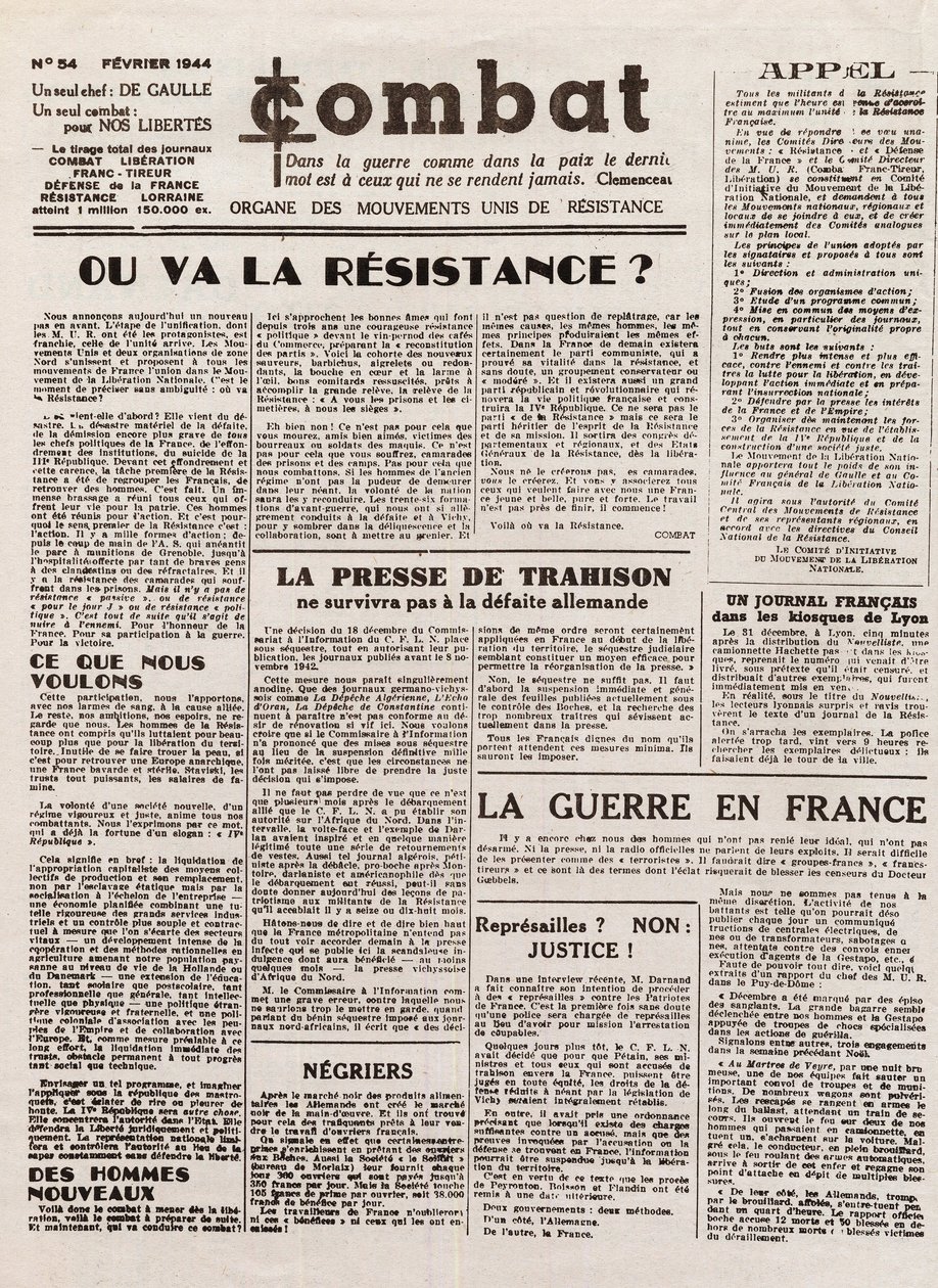 Journal COMBAT - 第54期 - 1944年2月 - 统一抵抗运动的机关报。(秘密报纸) - 抵抗运动将走向何方 作者 法语学校