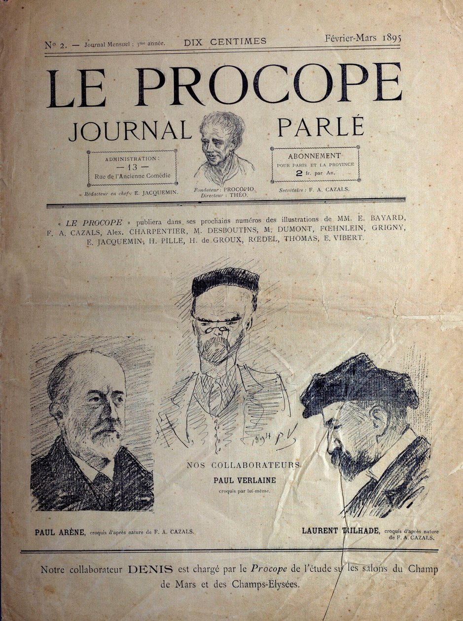 Journal du Proope，巴黎咖啡馆，1895年2月：法国诗人Paul Verlaine、Paul Arene和Laurent Tailhade的肖像。 作者 法语学校