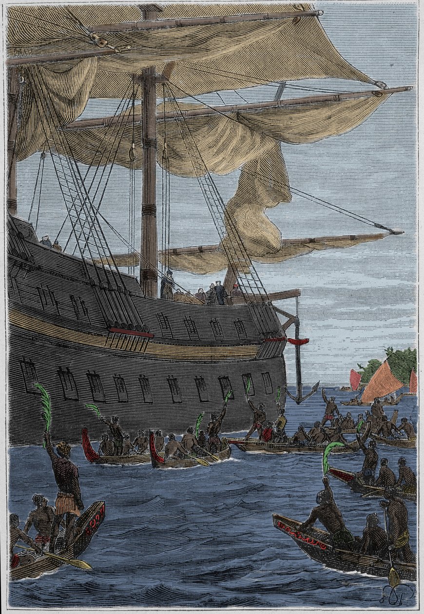 塞缪尔-沃利斯（1728-1795）的波利尼西亚之旅：土著人手拿香蕉枝作为欢迎仪式--插图摘自 "18世纪伟大的航海家" 作者 法语学校