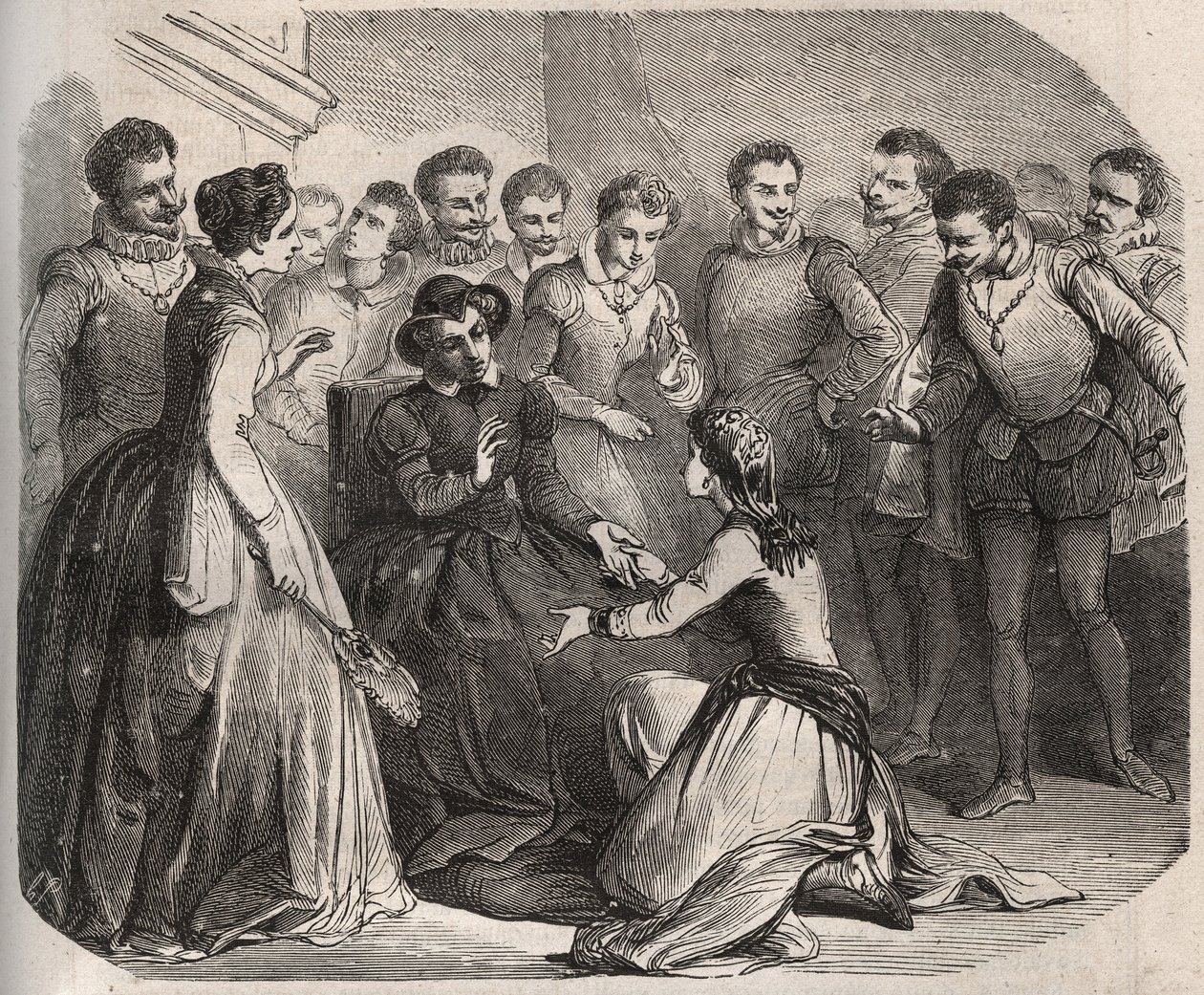 朱丽塔-瓜尼尼请求凯瑟琳-德-美第奇王后（Caterina de Medici）（1519-1589年）收留她为自己服务。她成为了路易-德-布西-昂布瓦兹（1549-1579）的情人。亨利-德-科克（Henry de Kock）（1819-1892）1871年在 "Histoire Des Cocus Celebres "中的雕刻。 作者 法语学校