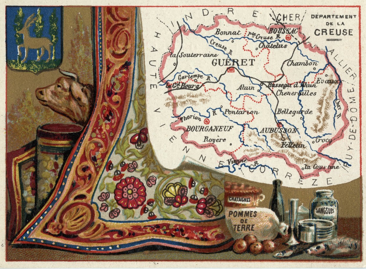 La Creuse (23), Le Limousin, France. Chestnuts, potatoes and leeches. Series on the French Departments. Chromolithography (Chromo) “” the geographic thread””, circa 1920. Private collection. 作者 法语学校