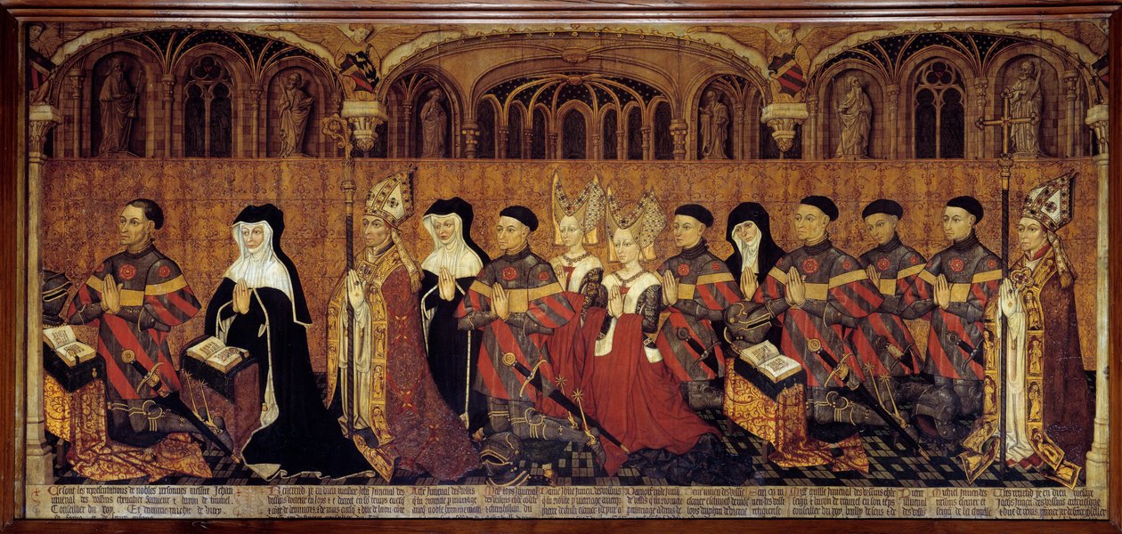 La Famille Jouvenel des Ursins 地方官，prevot Jean Jouvenel des Ursins或Jean Juvenal des Ursins（1360-1431），代表与他的家庭成员在祈祷。法国画派的木板画。1443-1449.太阳 1.3x3.5米 巴黎，国家博物馆 作者 法语学校