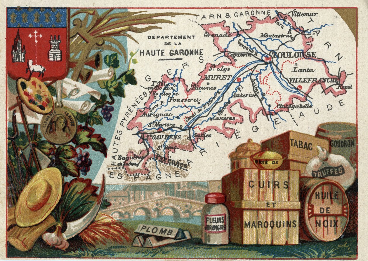 La Haute Garonne（上加龙省，31），Midi-Pyrenees（中比利牛斯省），法国。当地特产：铅、橙花、浆糊、皮革和皮革制品、烟草、核桃油、焦油和松露。关于法国各省的系列报道。铬平版印刷（Chromo）"t 作者 法语学校