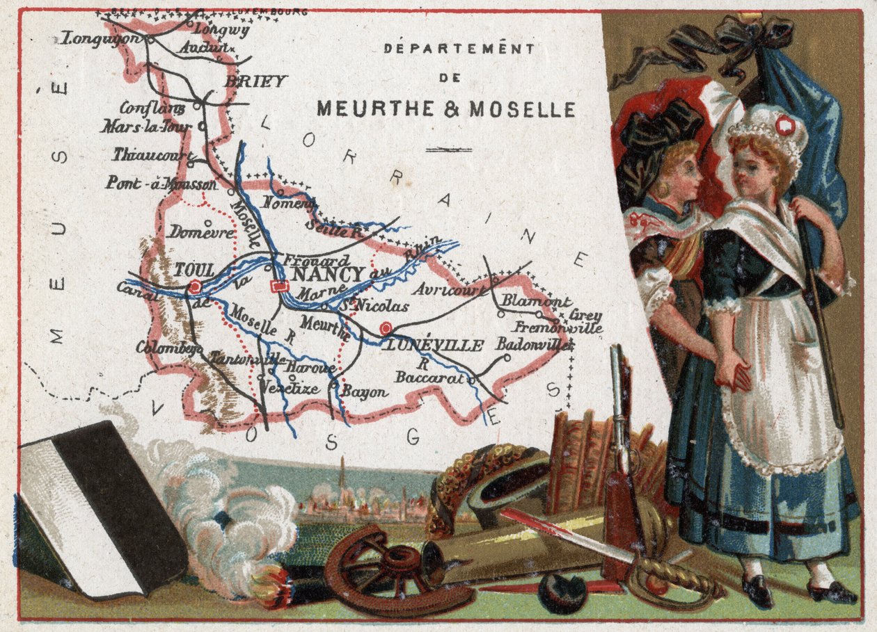 La Meurthe et Moselle (Meurthe-Et-Moselle, 54), Lorraine, France.两位革命妇女的肖像。关于法国各省的系列。彩色石版画（Chromo）"地理线"，约1920年。私人收藏。 作者 法语学校