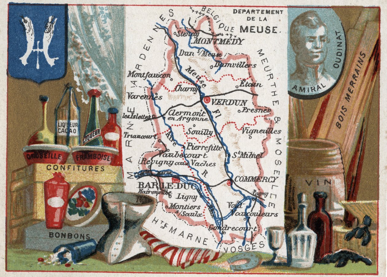 法国洛林，拉默兹（55）。帝国元帅Oudinat（确切地说是Nicolas Charles Marie Oudinot，1767-1847年的雷焦公爵）的画像。当地特产：醋栗和Frambois甜酒、糖果、葡萄酒和Merrains木材。关于法国德帕的系列报道 作者 法语学校
