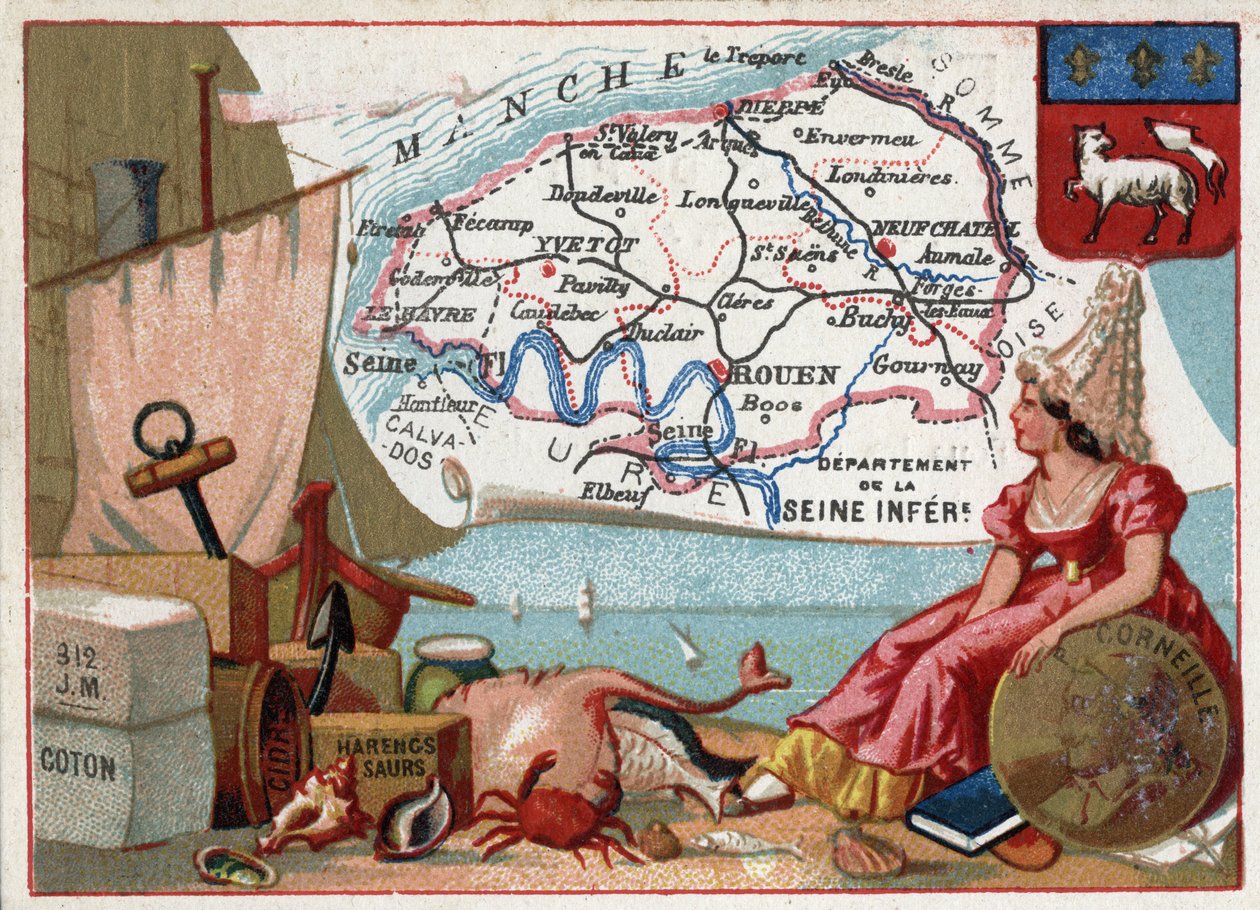 La Seine Inferieure，现在是Seine Maritime（76），上诺曼底（Haute-Normandie），法国。当地特产：棉花、苹果酒、绍尔鲱鱼。法国剧作家皮埃尔-科尔内耶（1606-1684）的画像。关于法国各省的系列。铬平版印刷（Chrom 作者 法语学校