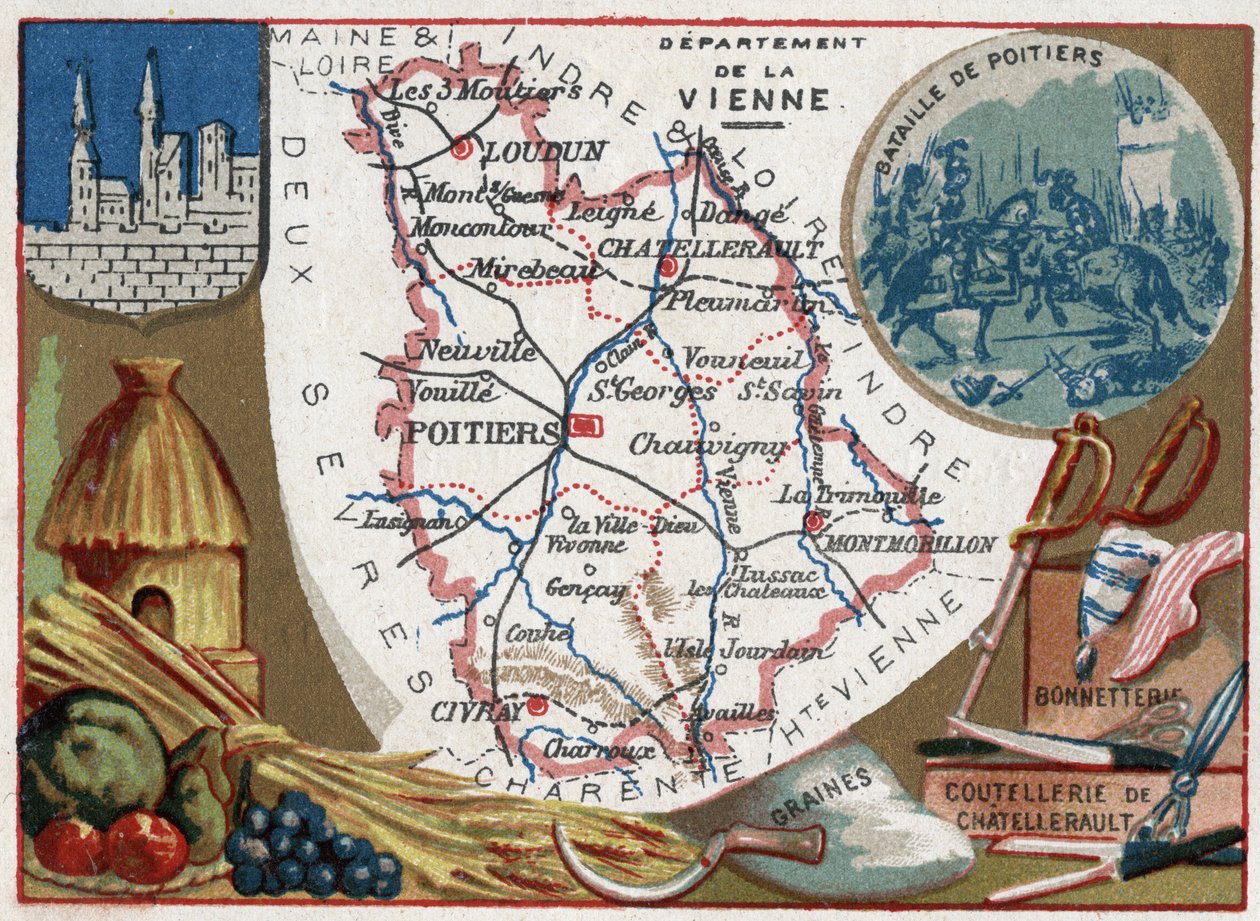 La Vienne (86), Poitou-Charentes (Poitou Charentes), France. Seeds, Chatellerault cutlery and hosiery. Series on the French Departments. Chromolithography (Chromo) “” the geographic thread””, circa 1920. Private collection. 作者 法语学校