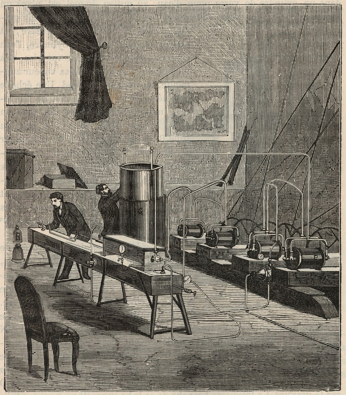 La liquefaction des gaz dans le laboratoire de Raoul Pictet (1878) - Raoul Pierre Pictet (1846-1929) 瑞士物理学家，进行氢气液化和凝固的实验，并研究低温下的物质特性 - 雕刻在 "Scie 作者 法语学校