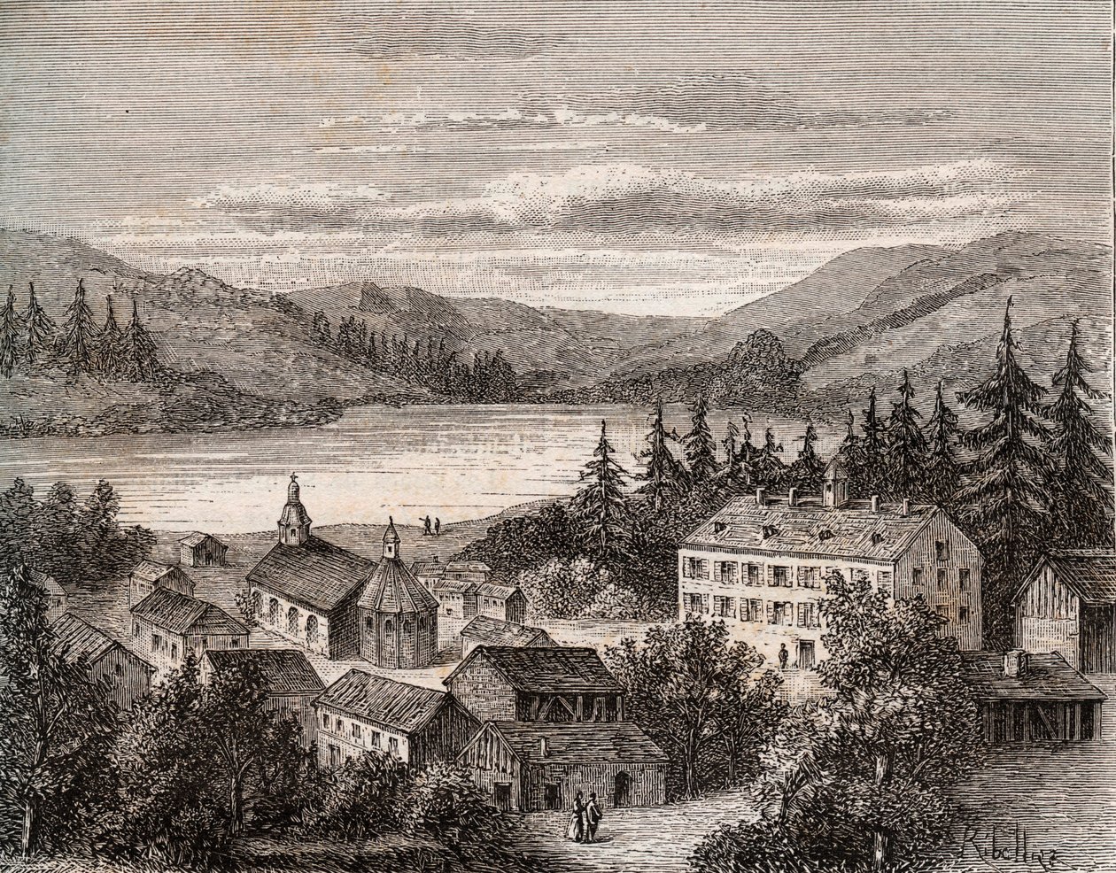 Gerardmer湖--阿尔萨斯、香槟、阿登、洛林--V.A. Malt-Brown的 "La France illustree: geography, history, statistical administration "中的雕版画。1884 作者 法语学校
