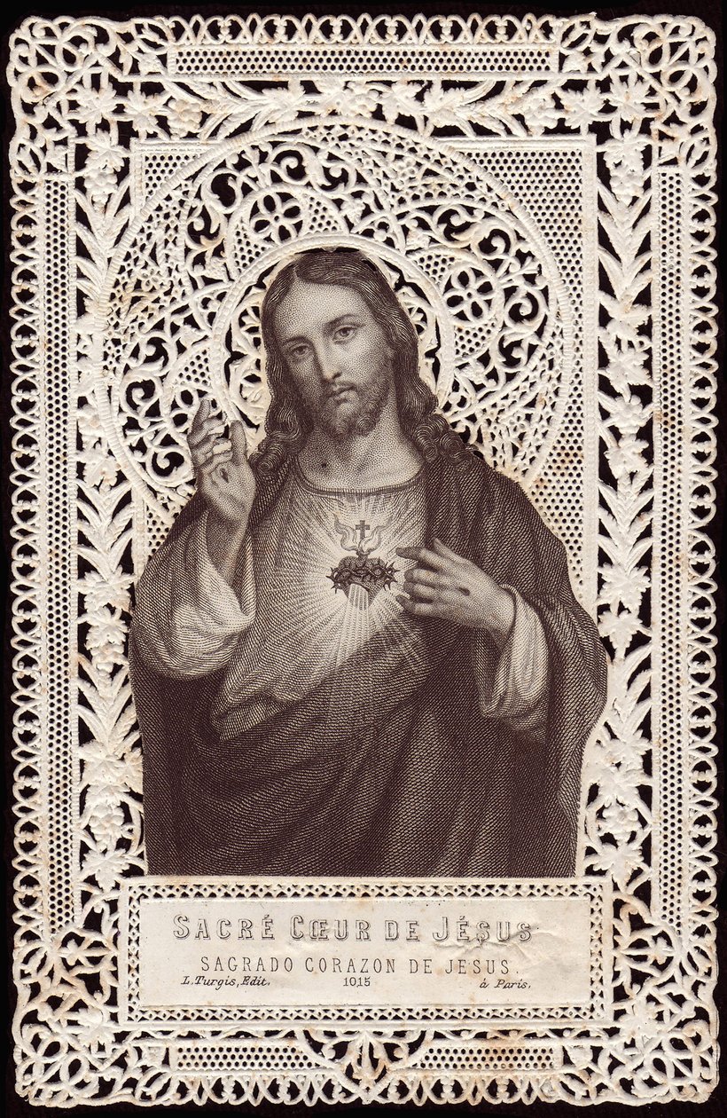 花边卡片描绘了十九世纪的耶稣圣心（bw litho） 作者 法语学校