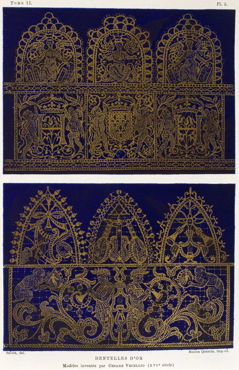 金色的花边样品，作者是切萨雷-韦切利奥（1521-1601），雕刻自《装饰品和装饰品词典》第二卷，作者是亨利-哈瓦德。 作者 法语学校