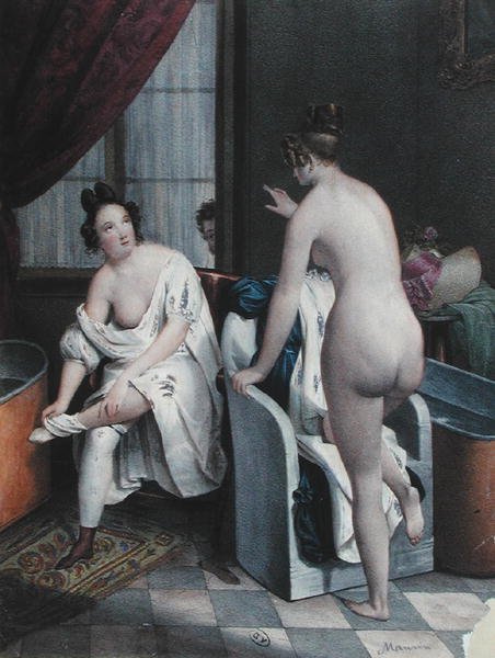 女士们在洗澡，约1840年（彩色平版印刷）。 作者 法语学校