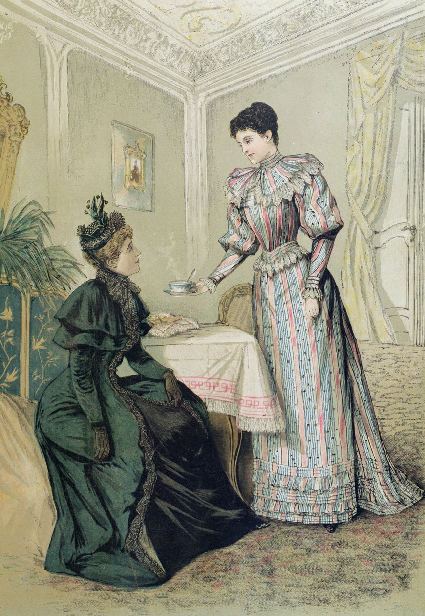 女士们喝着茶。 c.1890 作者 法语学校