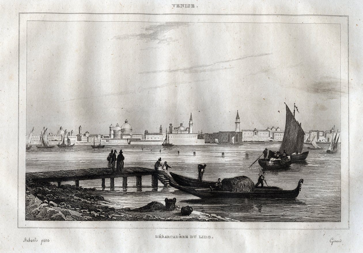 威尼斯丽都的登陆台--来自M. de Norvins, Ch. Nodier 1834-1836的 "意大利风景画 "的雕刻。 作者 法语学校