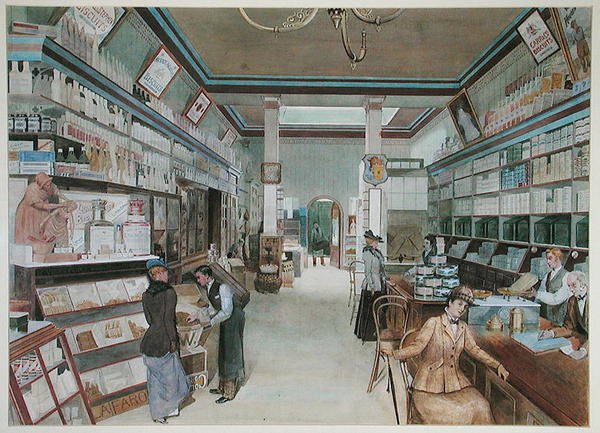 英国的大型杂货店，约1900年（纸上水彩）。 作者 法语学校