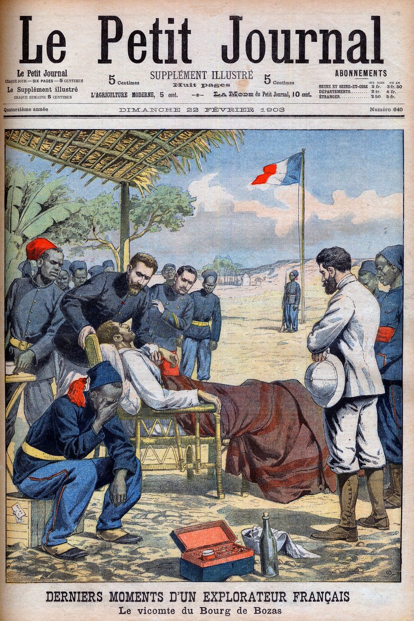 法国探险家皮埃尔-玛丽-罗伯特-杜-布尔-德-博萨子爵（1871-1903）在热带非洲的布尔-德-博萨的最后时刻 "Le Petit Journal" 2月22日 作者 法语学校