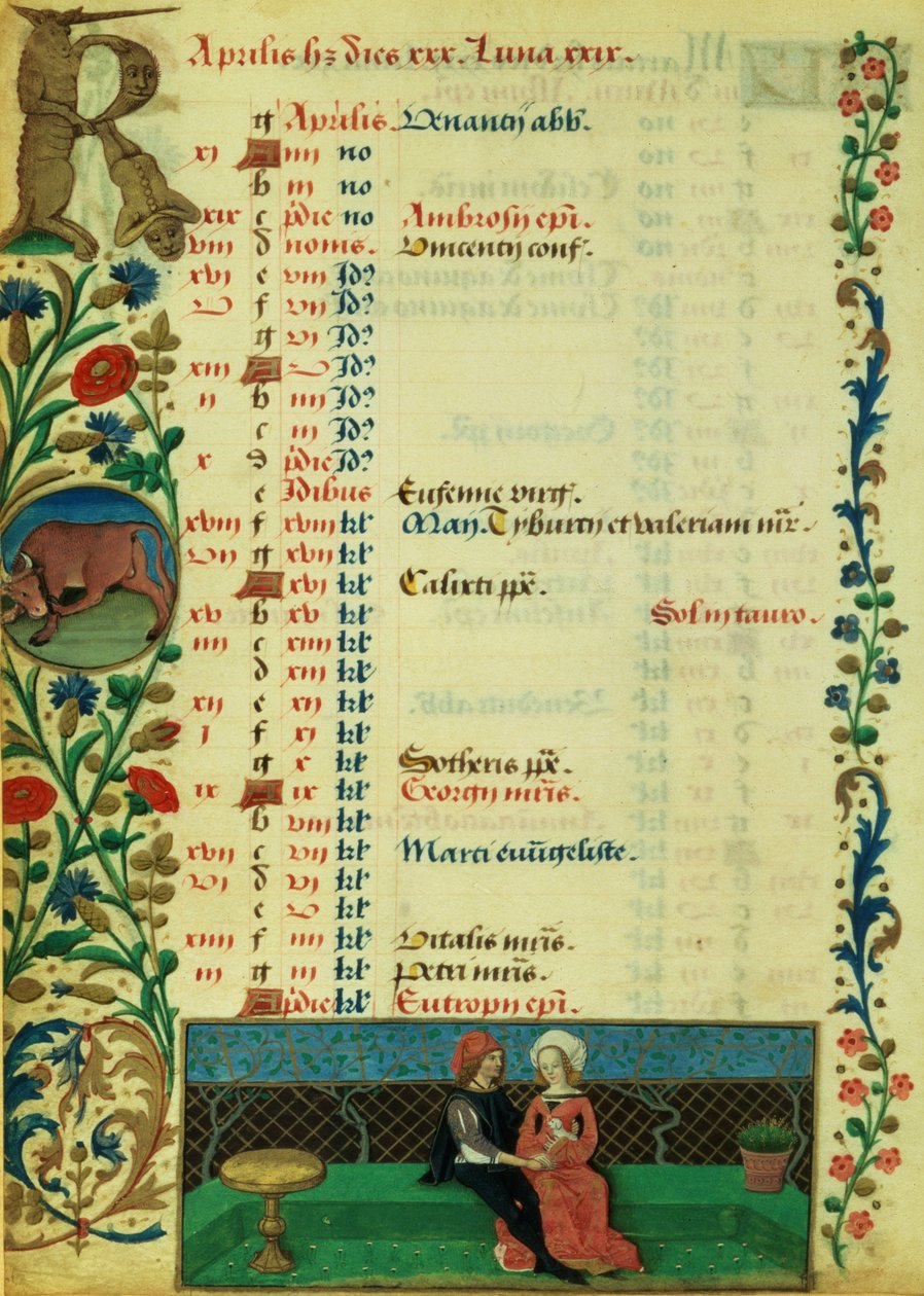 Lat 1173 f.2v April;两位恋人坐在户外，由Robinet Testard，来自Angouleme的查尔斯小时 作者 法语学校