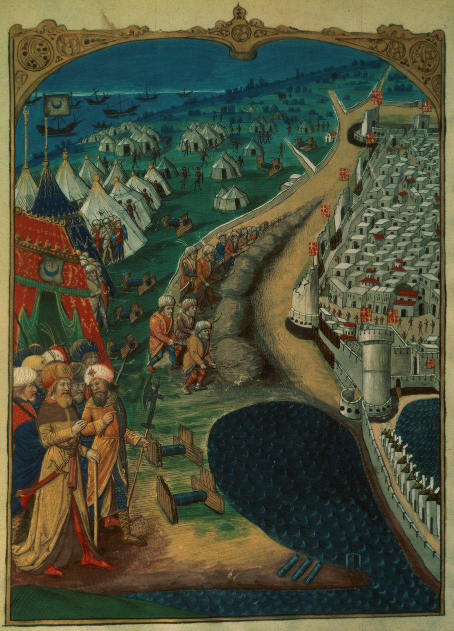Lat 6067 f.50v穆罕默德二世的首席顾问，可能是Miseh Paleologue，由Guillaume Caoursin于1483年指导土耳其行动，c.1480，来自罗兹围攻史 作者 法语学校