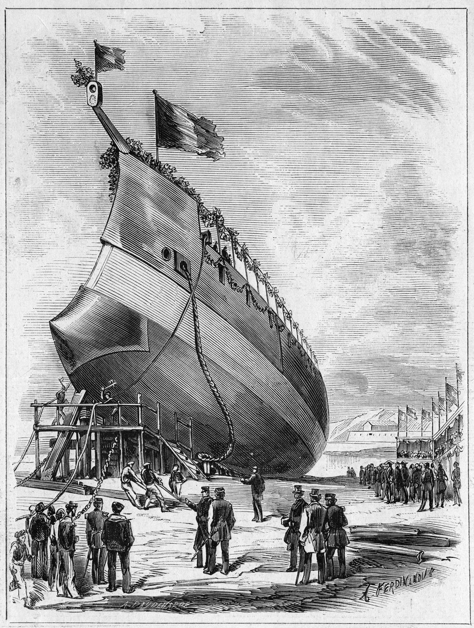 1872年5月7日，"La Galissonniere "号装甲舰在菲尼斯特的布雷斯特港下水（29）。1872年5月25日《世界画报》第789期的版画。 作者 法语学校