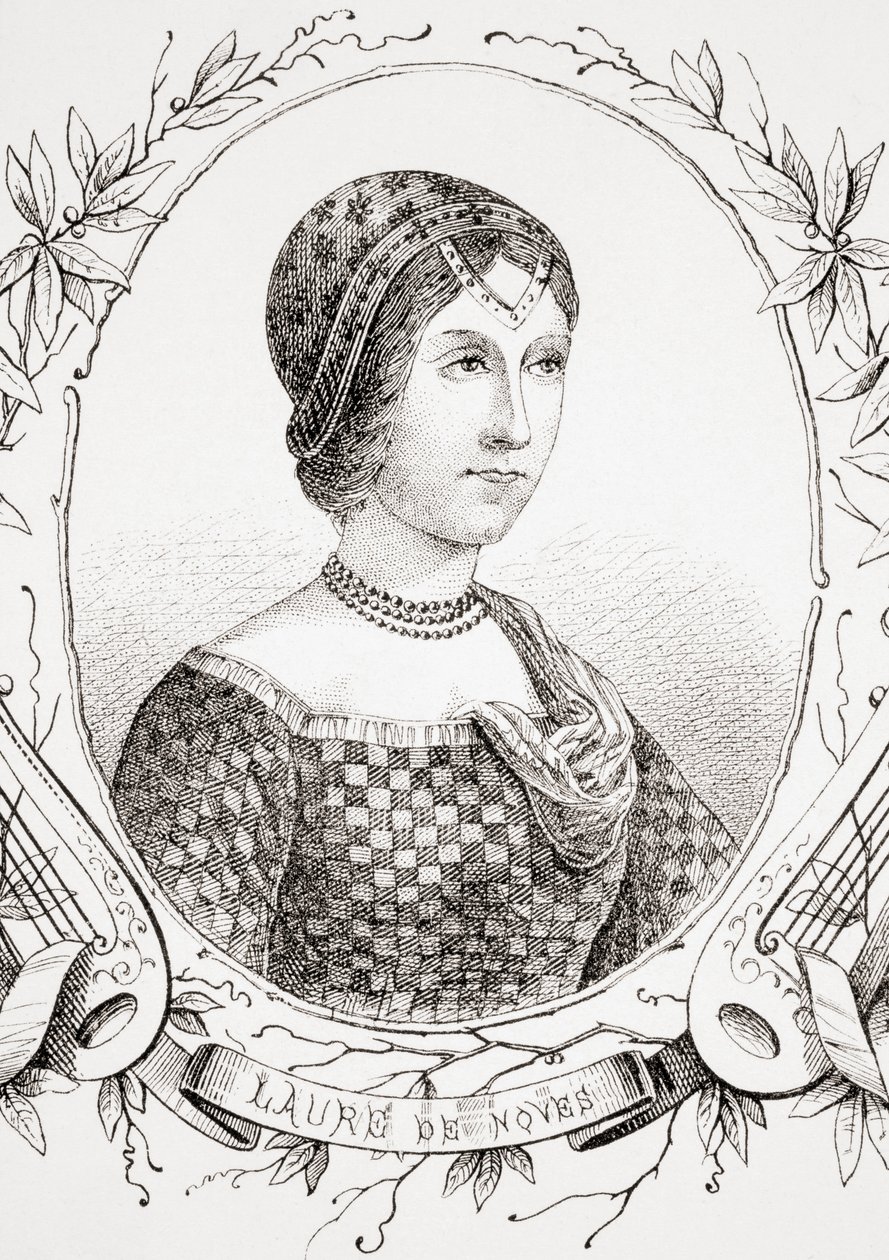 Laura de Noves，来自古代和现代世界历史，出版于斯特拉斯堡 c.1860（雕刻） 作者 法语学校