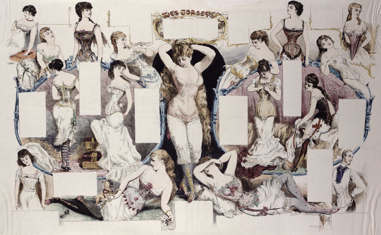 关于女性内衣的文章的布局插图，来自La Vie Parisienne，1870年 作者 法语学校