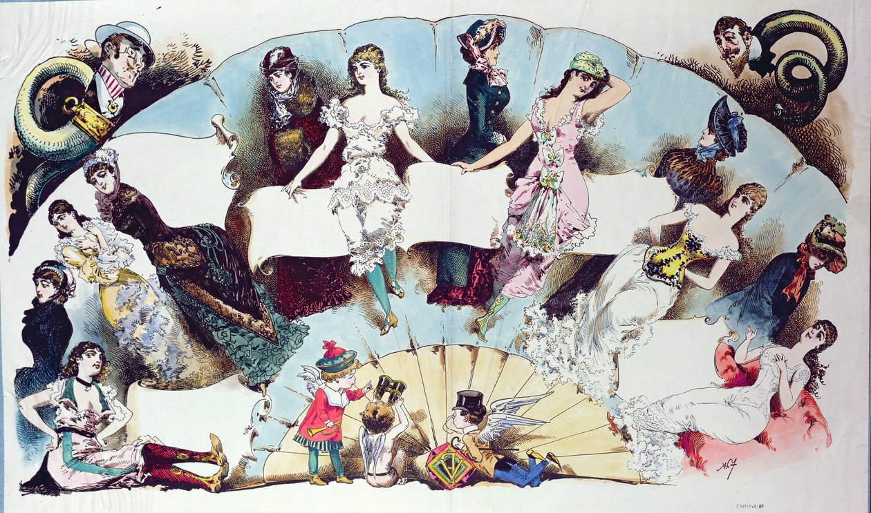 关于女性内衣的文章的布局插图，来自La Vie Parisienne，1870年 作者 法语学校