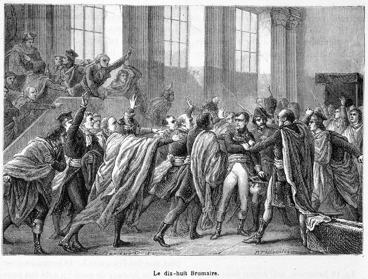 雾月 18 日 8 年：拿破仑在五百美分委员会 (Cinq Cents) (Salle des 500) 的 Saint-Cloud 发动政变 - 在“La France Populaire”中 作者 法语学校