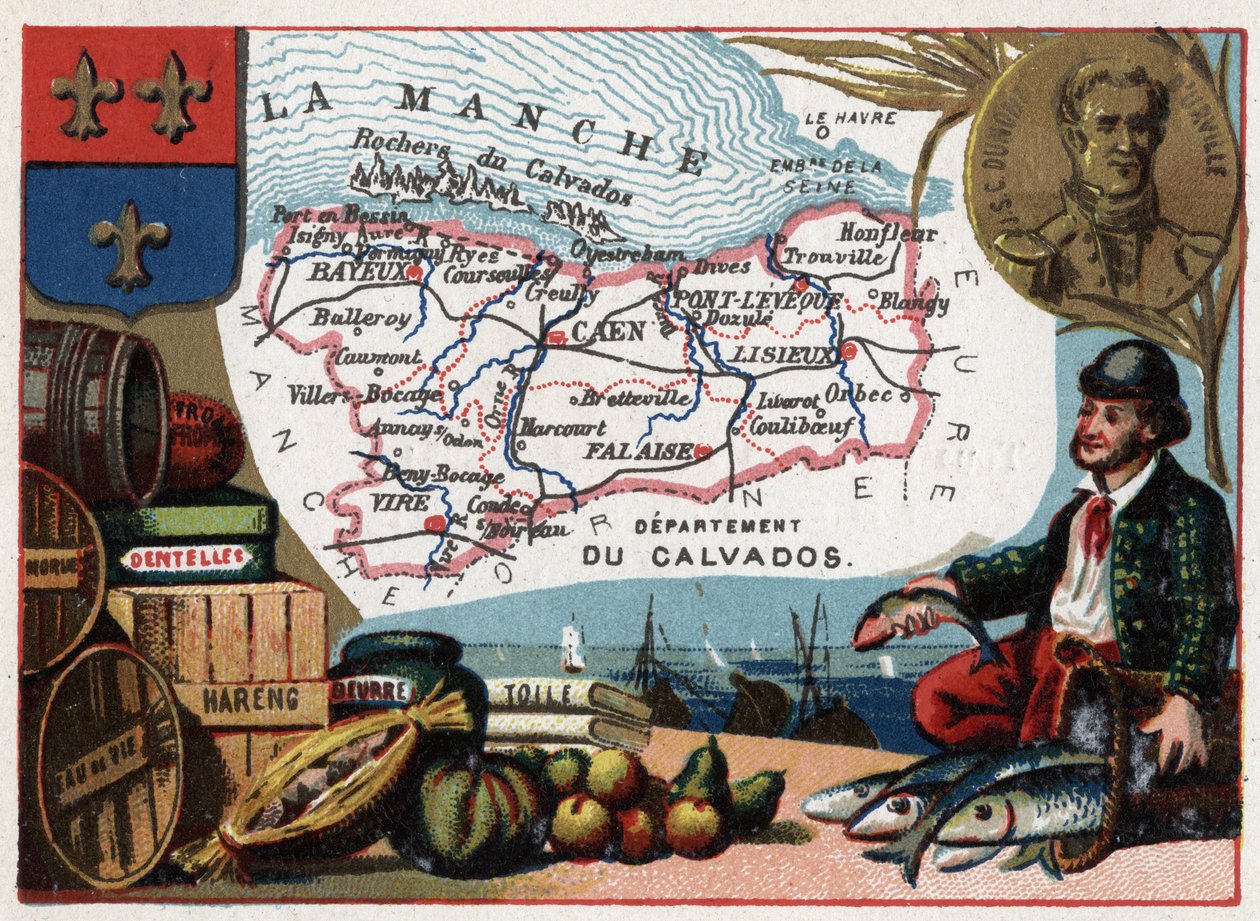 Le Calvados (14) Basse Normandy (Lower Normandy), 法国。儒勒-塞巴斯蒂安-塞萨尔-杜蒙-德乌维尔（1790-1842）法国探险家的画像。当地特产：鳕鱼、花边、奶酪、白兰地、鲱鱼、黄油、渔业和帆布。关于法国各省的系列报道。丘吉尔 作者 法语学校