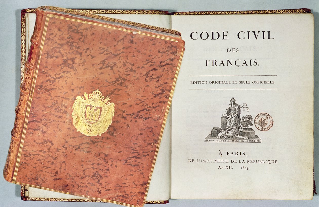 Le Code Civil des Francais，展示装订和标题页，第一版酒吧。 1804 作者 法语学校