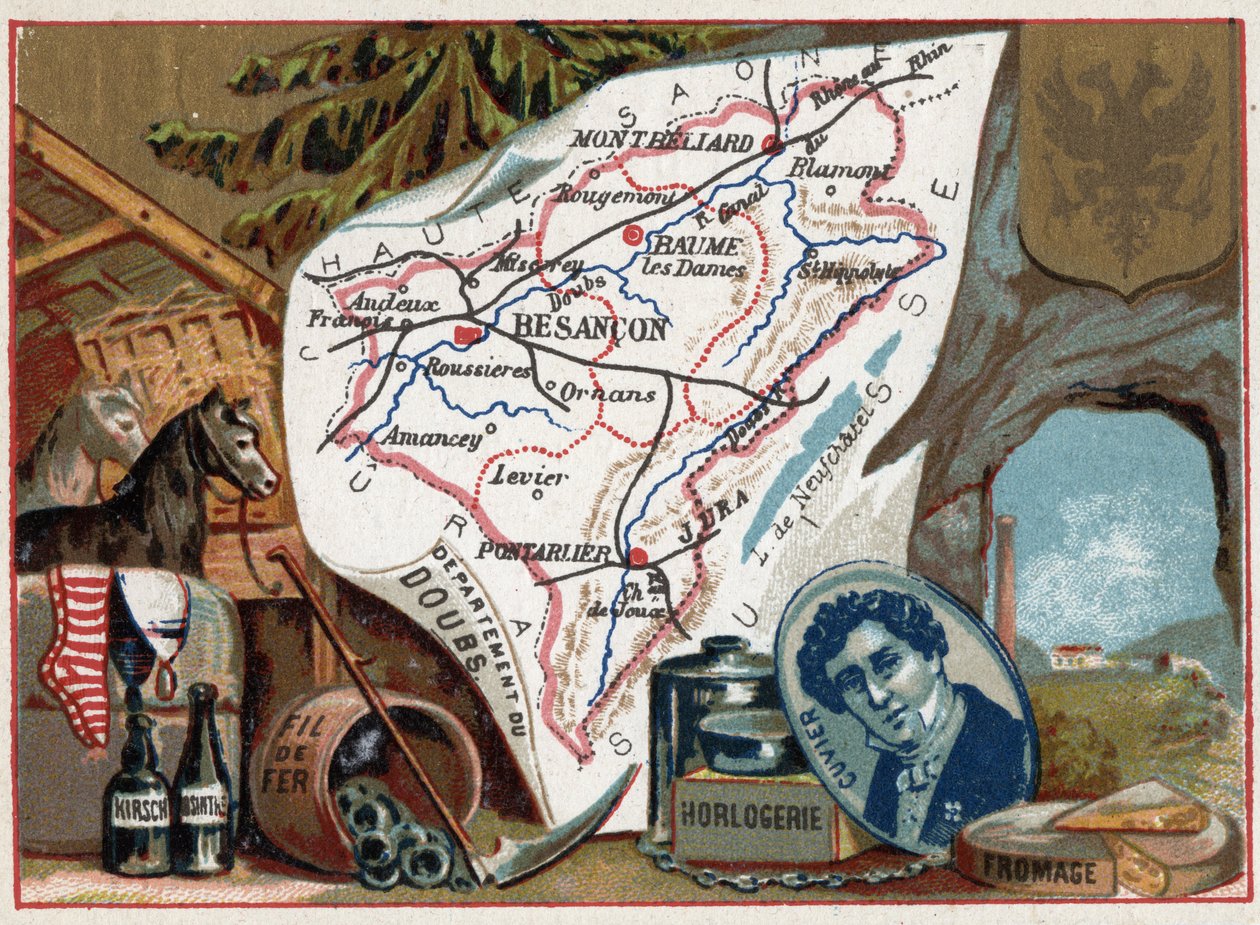 Le Doubs (25), Franche Comte (Franche-Comte), France. Portrait of Georges Cuvier (1764-1832), French paleontologist. Local speciality: kirsch, wormwood, watchmaking, wire and agriculture. Series on the French Departments. Chromolithography (Chromo) “” the  作者 法语学校