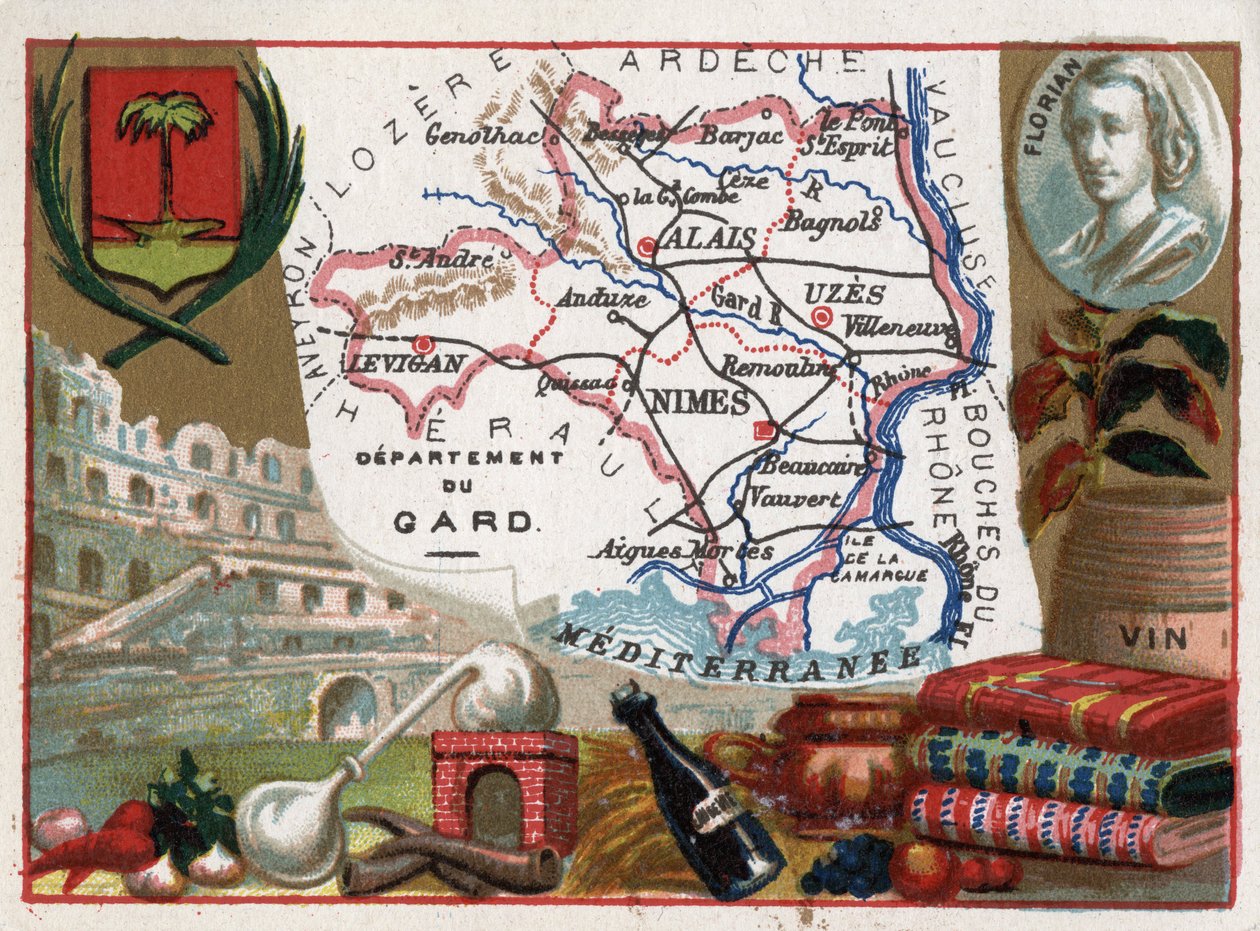 Le Gard (30), Languedoc-Roussillon (朗格多克-鲁西荣), 法国 - 当地特产：eau de vie（蒸馏器）和葡萄酒 - Jean-Pierre-Claris (Jean Pierre Claris) de Florian（1755-1794）的肖像 - 法国部门系列 - Chromoli 作者 法语学校