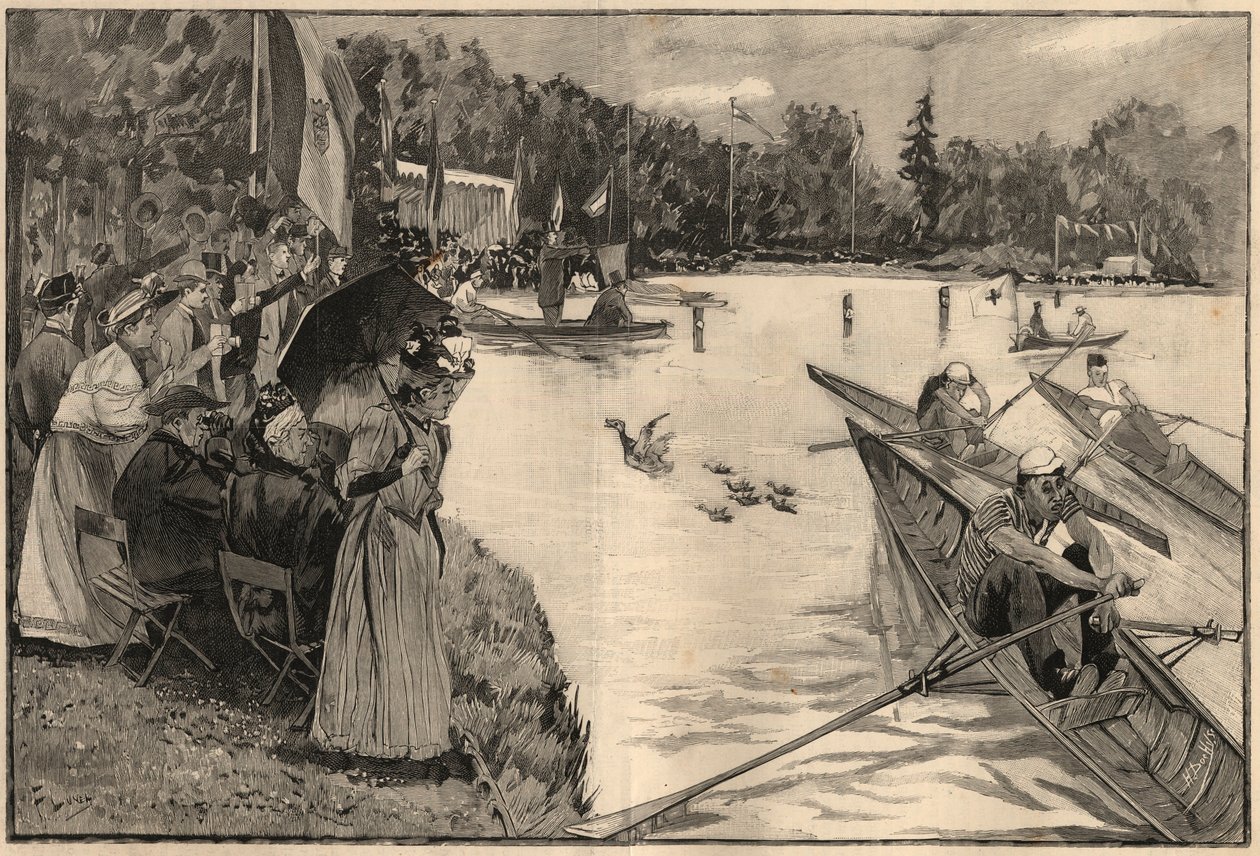 Le Lendit de Paris: School regates at the grand lac du bois de Boulogne - 1894年根据Lunel先生的绘图绘制的版画。 作者 法语学校