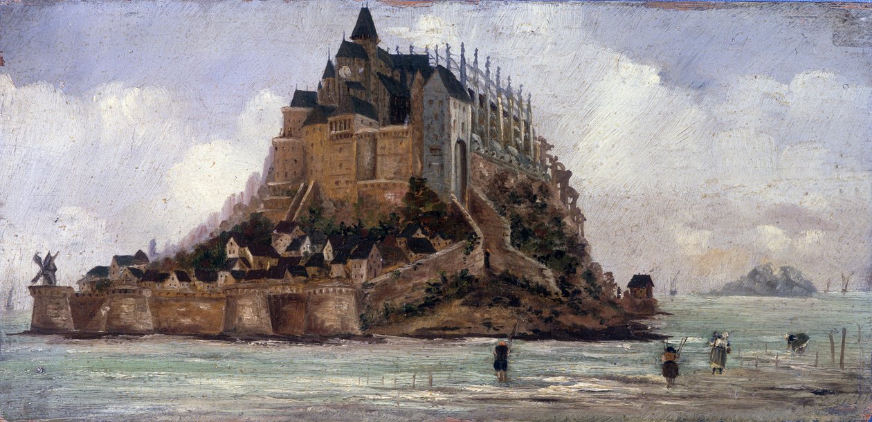 Le Mont Saint-Michel a low maree - 面板上的油，匿名 作者 法语学校