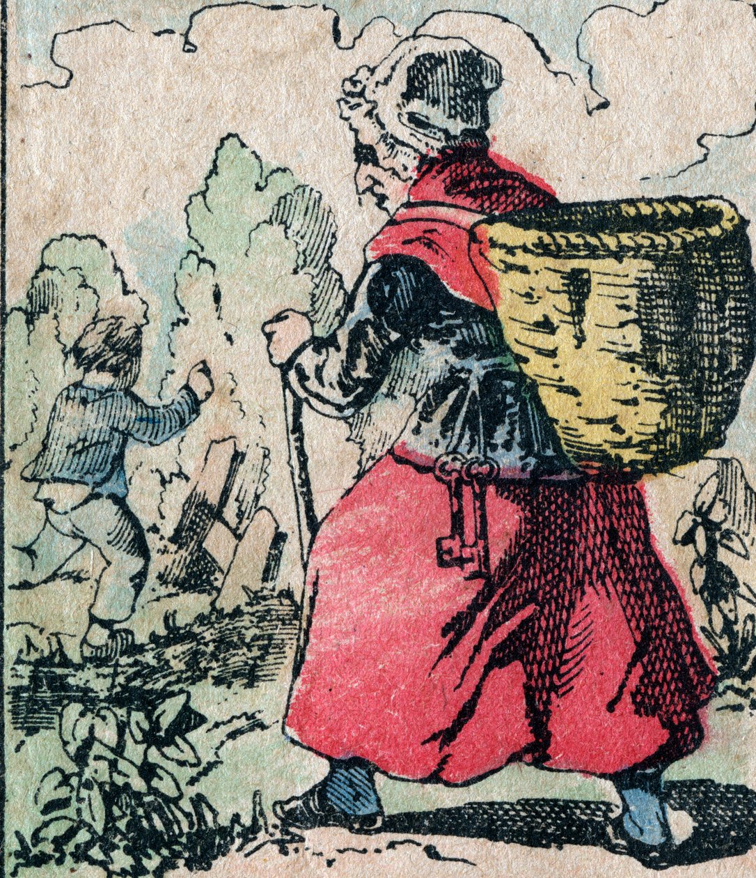 Le Pere Fouettard，鞭打父亲的法国人物，民间传说中惩罚顽皮孩子的传奇人物：他的妻子，La Mere Fouettard，追逐孩子逃学的鞭打母亲 - Epinal picture 作者 法语学校