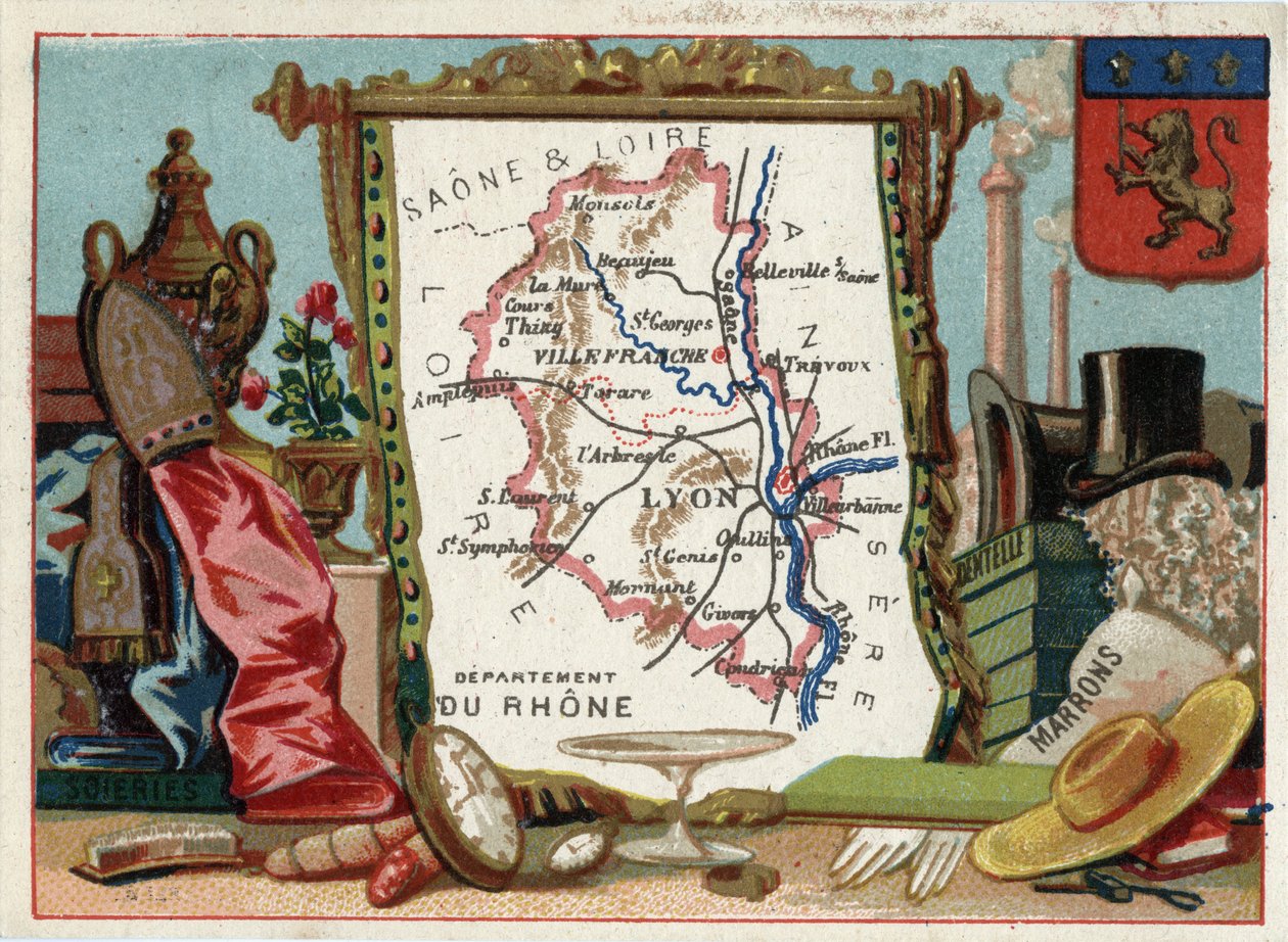 Le Rhone (69), Rhone Alpes (Rhone-Alpes), France. Local speciality: silk, brown, lace. Series on the French Departments. Chromolithography (Chromo) “” the geographic thread””, circa 1920. Private collection. 作者 法语学校