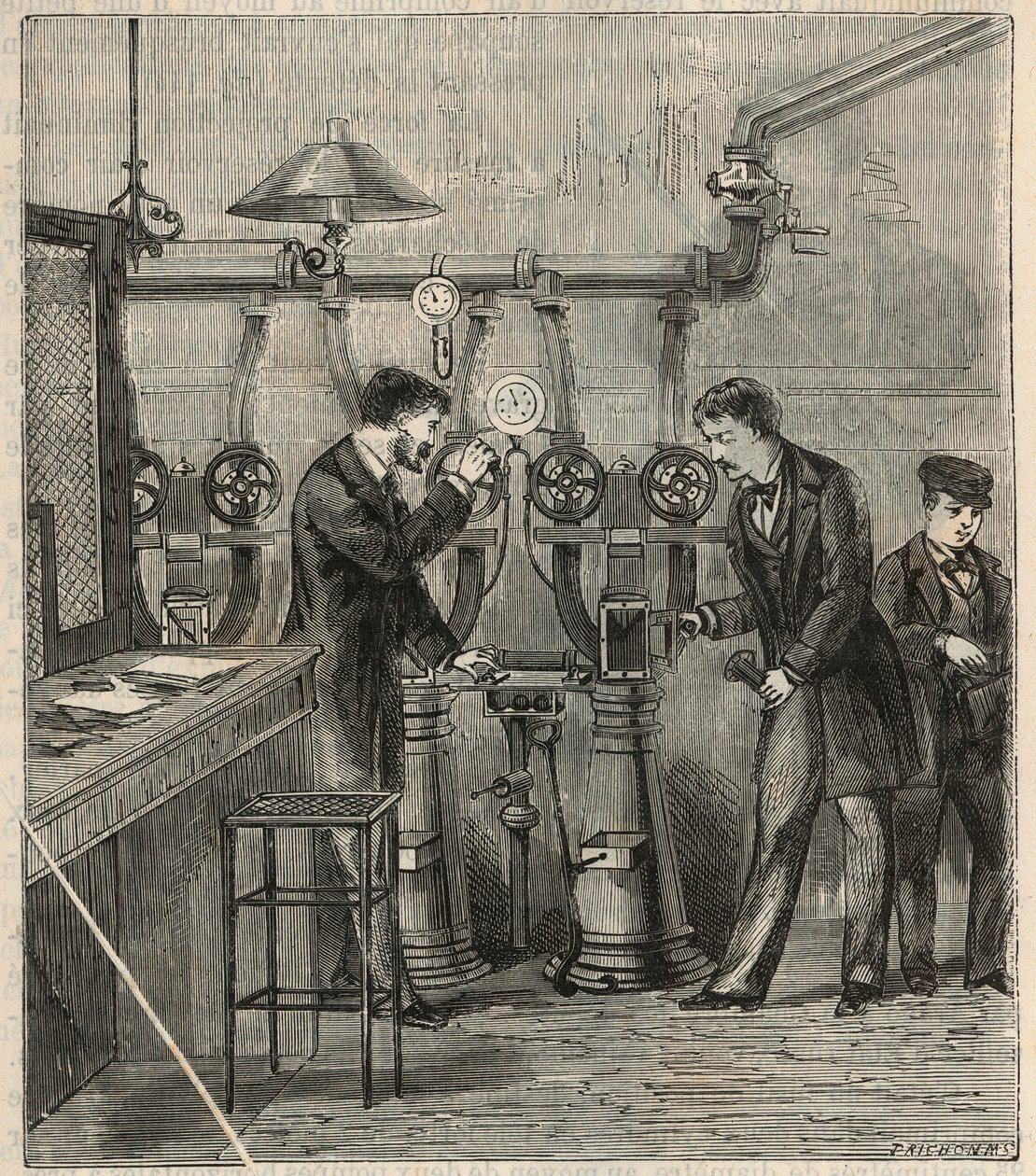 Le bureau de la poste pneumatique à Paris - 巴黎的气动邮件 - Alexis Clerc的 "Sciences mises à la range de tous - physics et chimie populaires "中的版画 - 19世纪末 - 私人收藏 作者 法语学校