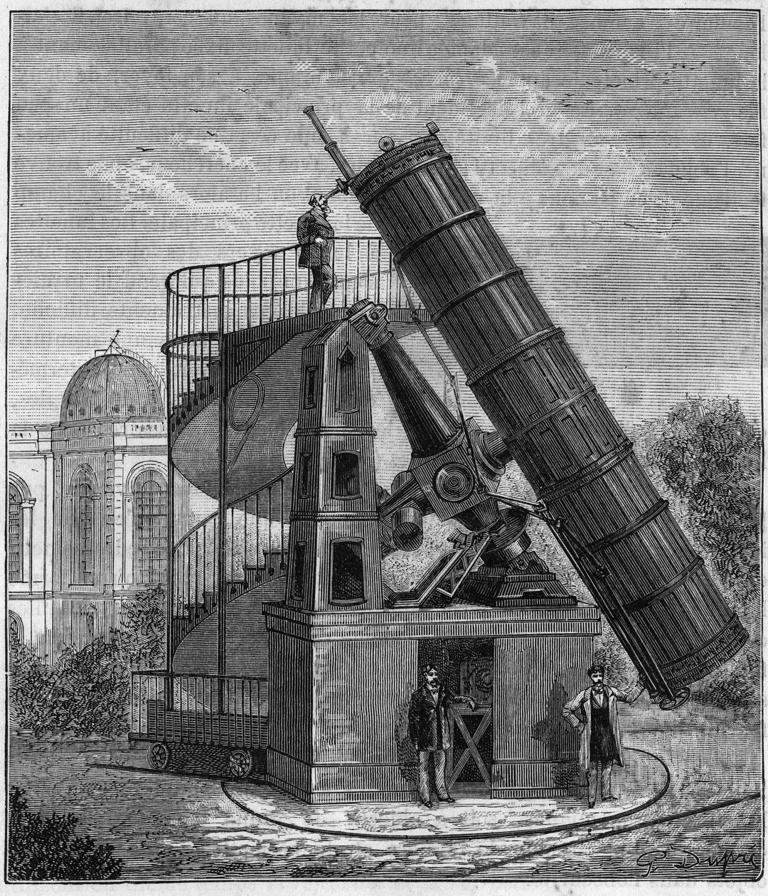 19世纪巴黎天文台的大望远镜--由Alexis Clerc创作的 "Sciences à la potee de tous - physique et chimie populaires "中的版画--19世纪末。私人收藏。 作者 法语学校