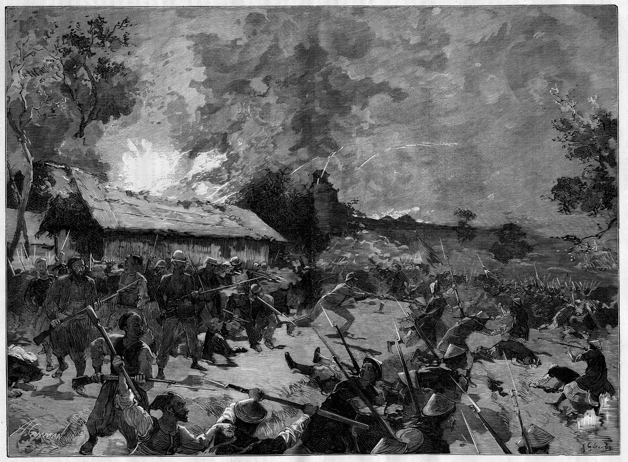 Le guet-apens (guet apens) de Hue, 4-5 July 1885: Tonkinese (Viet-Nam) army attack against French troops of General de Courcy.在 "世界画报 "上的雕刻。 作者 法语学校