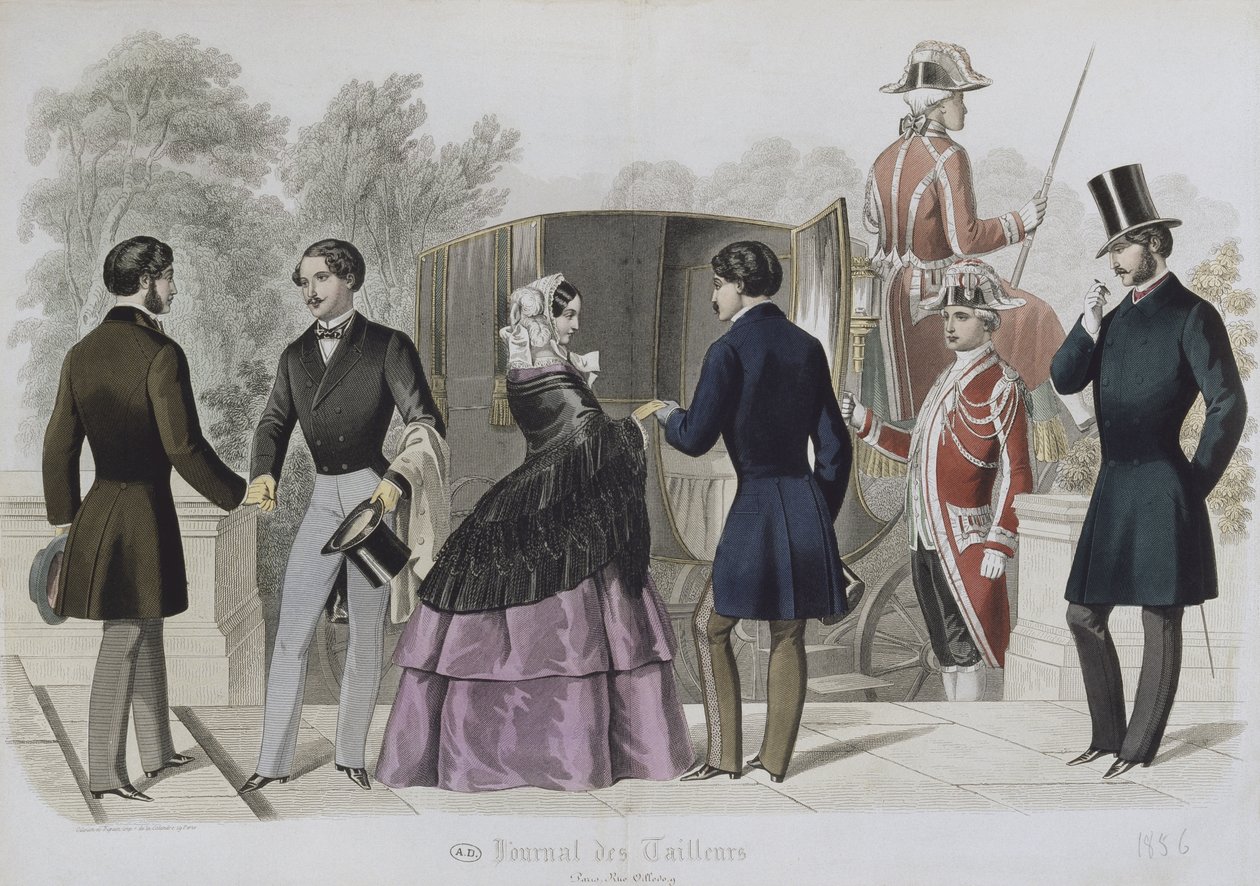 1856年Le Journal des Tailleurs的插图，乘坐出租车，彩色雕刻 作者 法语学校