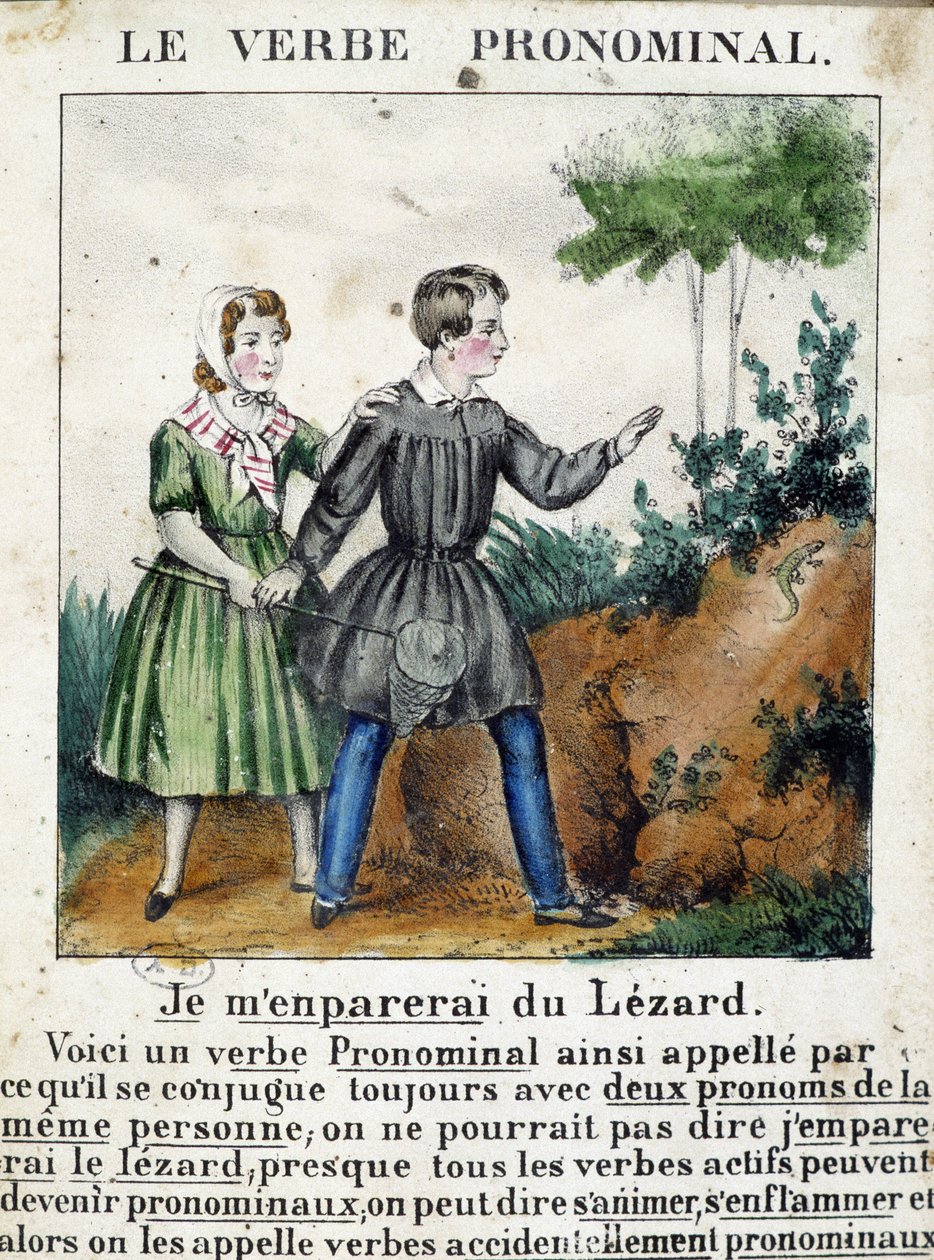 Lecon关于主语动词。载于 "La grammaire en images"，传单专辑，约1850年。 作者 法语学校